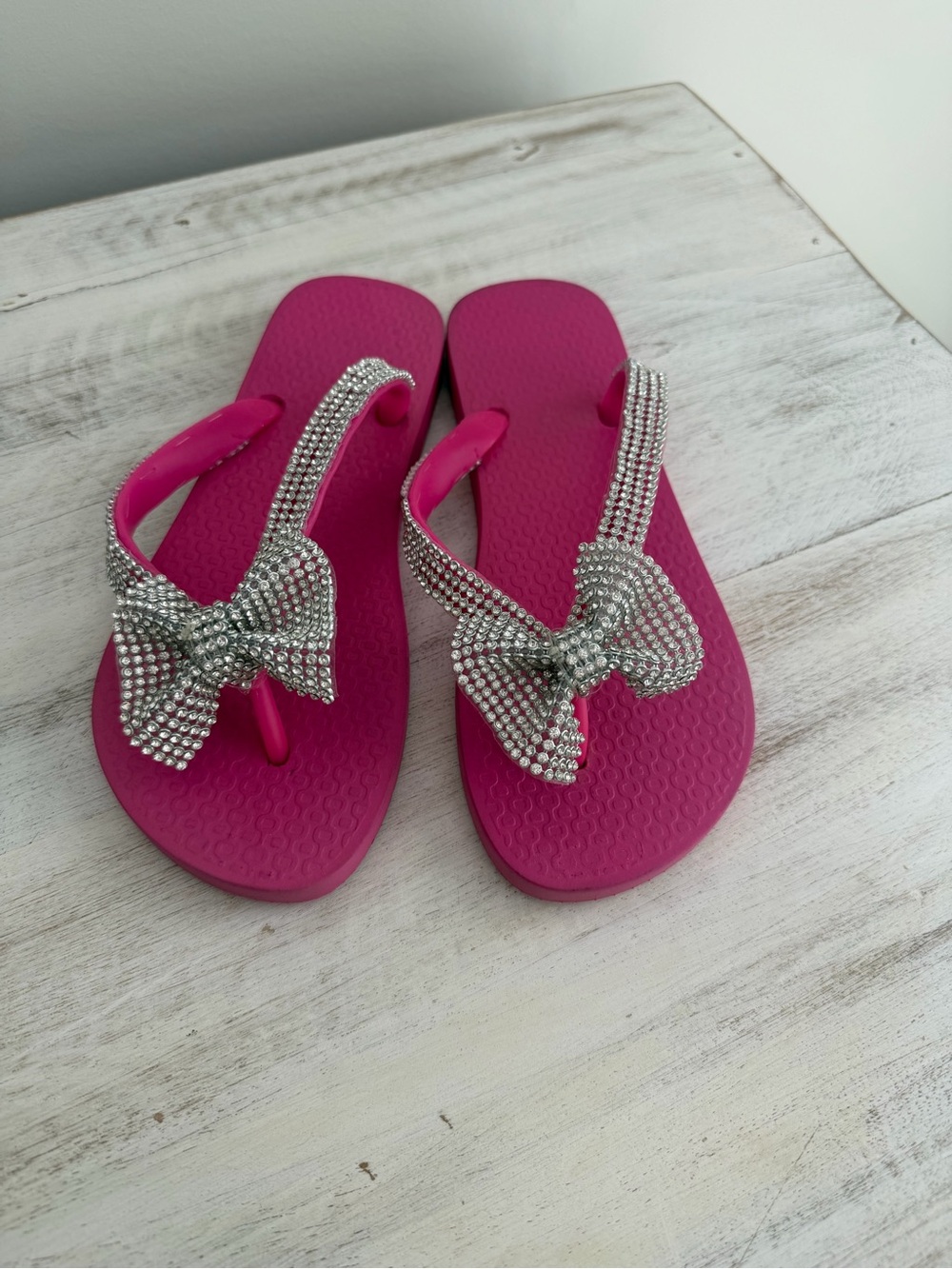 Rhinestone Bow Hot Pink Women's Flip Flops